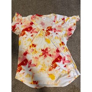 LuLaRoe Randy Top Womens Medium Red Orange Floral Flutter Sleeve V-Neck